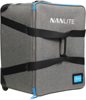 800q-01_128144 The Nanlite Trolley Case CC-FL-ST-FZ is a grey trolley case with black straps, side handle, blue zipper decorations and blue label holder at the bottom.
