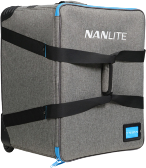 800q-01_128144 The Nanlite Trolley Case CC-FL-ST-FZ is a grey trolley case with black straps, side handle, blue zipper decorations and blue label holder at the bottom.