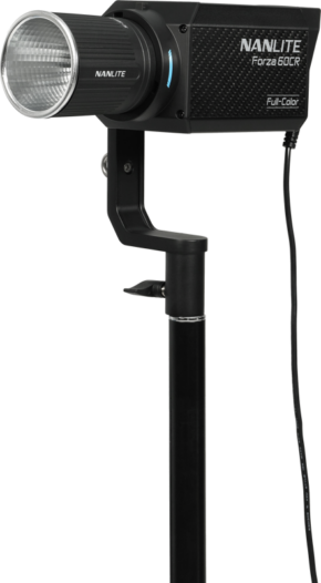 800q-01_128416 The Nanlite Forza 60CR RGBLAC LED spotlight with CRMX Wireless DMX, mounted on a black stand with power cord, appears on a white background.