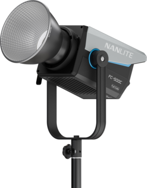 800q-01_128421 The Nanlite FC-500C LED RGBW Spot Light with modern angular design is mounted on a black base with a large reflective silver plate.