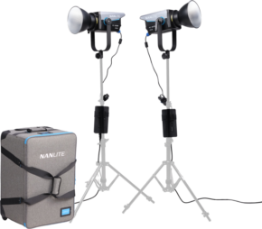 800q-01_128422 The Nanlite FC-300B 2-Light Trolley Case Kit includes two studio lights with adjustable stands with power supplies, and a grey carrying case with black straps and blue accents, all on a white background.