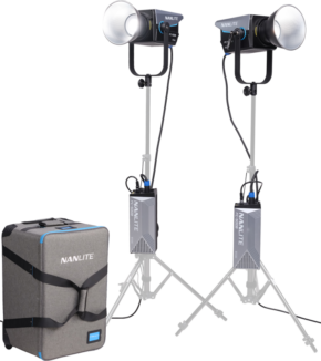 800q-01_128423 The Nanlite FC-500B 2-Light Trolley Case Kit includes two side-by-side studio lights on adjustable stands with power supplies, and is fronted by a grey trolley case with black straps.