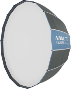 Nanlite Rapid 90 Parabolic Softbox SB-RP90 on suuri, pyöreä softbox, jossa on valkoinen diffuusori ja mustat sivut, ja joka on suunniteltu ammattimaiseen valaistukseen valokuvauksessa ja videokuvauksessa.
