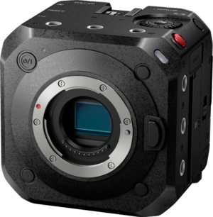 800q-01_130696 The Panasonic AW-UB10 video camera is a compact, box-shaped black digital camera body with multiple buttons, ports, a visible power button and a visible sensor to which the lens attaches.