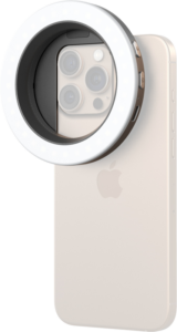 800q-01_132860 A golden iPhone with a triple camera setup is pictured with the SMALLRIG 5203 VIBE P30 67MM Ring LED Video Light and Universal Threaded Filter Adapter Kit attached around the camera to improve photo lighting.