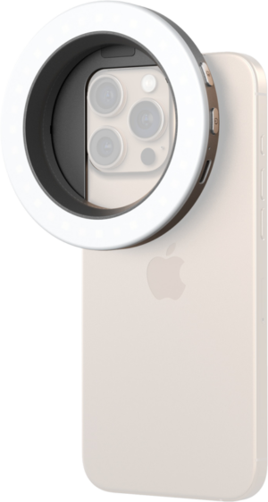 800q-01_132860 A golden iPhone with a triple camera setup is pictured with the SMALLRIG 5203 VIBE P30 67MM Ring LED Video Light and Universal Threaded Filter Adapter Kit attached around the camera to improve photo lighting.