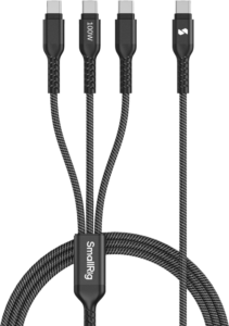 SmallRig 5079 USB-C-virtakaapeli 3-in-1 on punottu musta latauskaapeli, jossa on merkintä 100W ja kolme liitintä tehokasta usean laitteen latausta varten.