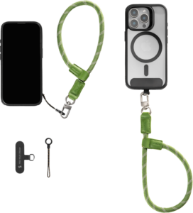 800q-01_133127 SMALLRIG 5303 FILMOV PHONE WRIST STRAP GREEN näkyy kiinnitettynä kahteen älypuhelimeen sekä liitinkappale ja lähikuva hihnan kiinnitysmekanismista valkoisella pohjalla.
