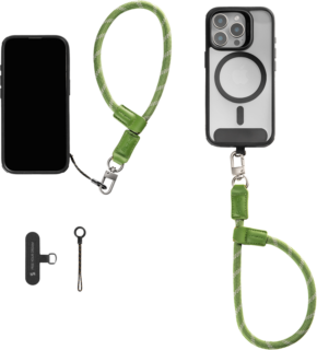 800q-01_133127 SMALLRIG 5303 FILMOV PHONE WRIST STRAP GREEN is shown attached to two smartphones, with a connector and a close-up of the strap attachment mechanism on a white background.