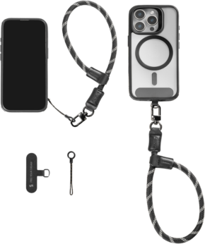 800q-01_133129 The SMALLRIG 4990 FILMOV Phone Wrist Strap Black is shown attached to the phone case and phone, as well as accessories such as a small loop and adapter, all on a white background.