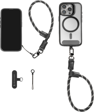 800q-01_133129 The SMALLRIG 4990 FILMOV Phone Wrist Strap Black is shown attached to the phone case and phone, as well as accessories such as a small loop and adapter, all on a white background.