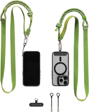 800q-01_133130 Two smartphones with SMALLRIG 5301 FILMOV PHONE SHOULDER STREP in green are shown - one facing the screen and one facing the back. Accessories below include a small black connector and two black rings on a short strap.