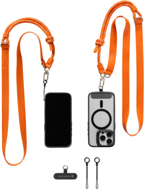 800q-01_133131 Two smartphones with an orange SMALLRIG 5300 FILMOV Phone Shoulder Strap attached to their cases, plus small black attachments and lanyard connectors for attaching the phones.