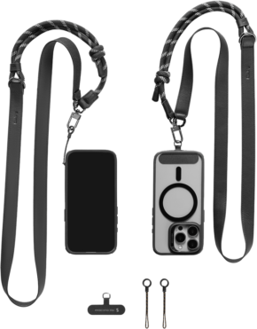 800q-01_133132 Two smartphones in cases with neck straps, one showing the front and one the back. Also pictured are two metal rings, a black strap and a black plastic accessory SMALLRIG 4989 FILMOV PHONE SHOULDER STRAP BLACK.