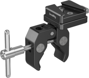 800q-01_133133 The SMALLRIG 5313 V-MOUNT CRAB-SHAPED CLAMP is a black metal clamp with a silver adjustable screw handle, designed to securely mount camera equipment or accessories.