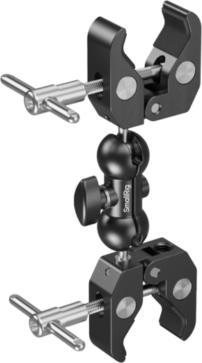 The SmallRig 5331 Double Head Crab-Shaped Clamp is a black and silver adjustable clamp with two arms and tension handles, ideal for securely mounting cameras or lights to a variety of surfaces.