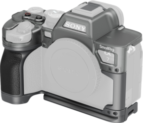 800q-01_133167 Sony A7 IV camera without lens and equipped with SmallRig 4798 Hybrid Modular Cage. The metal cage surrounds the body and provides additional protection and extra mounting points for accessories.