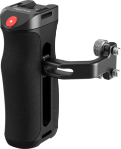 SMALLRIG 4928 Side Handle with REC Trigger (1/4"-20 ruuvit) on musta, kuvioitu kamerakahva, jossa on punainen yläpainike ja metallinen sivukannatin lisävarusteiden kiinnittämistä varten.