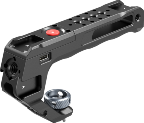 800q-01_133169 SMALLRIG 4927 Top Handle with REC Trigger (ARRI Locating Screw) is a black metal camera handle with multiple mounting holes, a textured silver knob and a red REC button for attaching accessories to camera equipment.