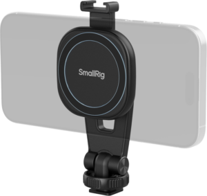 800q-01_133171 The SMALLRIG 5283 AC-10 Attachable Phone Holder with Cold Shoe Mount is a black, round phone mount that attaches to your smartphone in landscape orientation and features an adjustable bracket and swivel base for tripod or gear mounting.