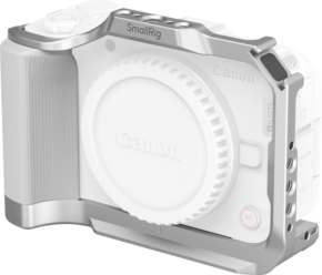 800q-01_133178 Silver SmallRig 5428 Cage for Canon EOS R50 V Silver is mounted on a white Canon camera body without lens, and has a clear branding on the front.