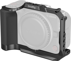 SmallRig 5427 Cage for Canon EOS R50 V Musta on kiinnitetty osittain läpinäkyvään Canonin kameran runkoon, mikä osoittaa, miten häkki tarjoaa suojaa ja kiinnitysmahdollisuuksia.
