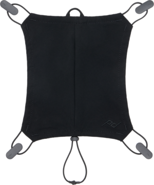 800q-01_133346 The Peak Design Outdoor Helmet Carry Black is a black rectangular canvas bag with rounded corners, elastic loops at each corner and an adjustable bottom cord ideal for attaching or carrying small items.