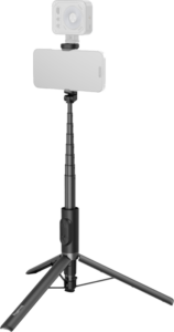 800q-01_133358 SmallRig 5291 ST30 Lite One-Touch Deploy Selfie Stick Tripod, musta, pitää älypuhelimen ja kameran, jonka päällä on pyöreä valo, kuvassa tavallista taustaa vasten.