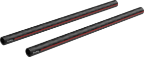 Two SmallRig 5212 15mm carbon fibre rods (12"/30cm, 2 pieces) with a black cylindrical body, red stripes along the length and SmallRig branding near the ends are placed side by side on a light grey background.
