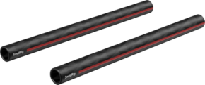 Two SmallRig 5211 15mm carbon fibre rods (2pcs, 8"/20cm) with red stripe, textured surface and hollow centre are side by side on a light background.
