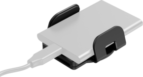 800q-01_133361 The silver external HDD is connected with a white cable and attached to the black SmallRig 5397 Mounting Clamp for External SSD against a white background.