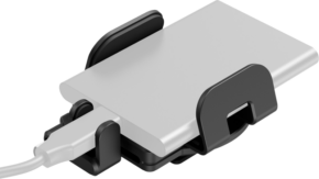 800q-01_133362 SmallRig 5196 Universal Mounting Clamp for External SSD -kiinnike pitää hopeanvärisen ulkoisen kiintolevyn tukevasti paikallaan ja yhdistää sen kaapeliin mustalla muovikiinnikkeellään.
