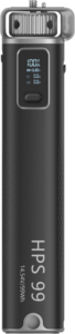 Musta SmallRig 4553 HPS99 Handheld Power Stick (99Wh), jossa on digitaalinen näyttö akun tilaa ja asetuksia varten, hopeiset korostukset ja etupuolelle painetut mallitiedot.
