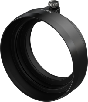 800q-01_133461 SmallRig 5215 Lens Hood for FUJIFILM X half Black is a black round metal lens hood with a textured tension knob designed to hold and stabilize camera lenses.