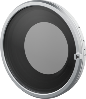 800q-01_133462 A close-up of the SmallRig 5391 Magnetic VND ND2-ND32 for FUJIFILM X half Silver filter shows its round design, silver border, arrow indicator and numbered markings on the 2-5 edge.