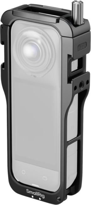 The SmallRig 5195 Cage for Insta360 X5 is a black metal cage designed to hold and protect your Insta360 X5 safely; the semi-transparent device inside is shown for illustrative purposes.