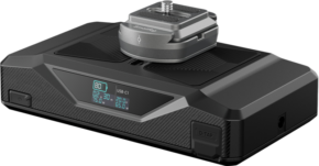800q-01_133548 The SmallRig 5248 CB75 Camera Base Battery Kit is a black electronic device with LCD display, top screw mounting plate and various ports, including a D-TAP port, on a light grey base.