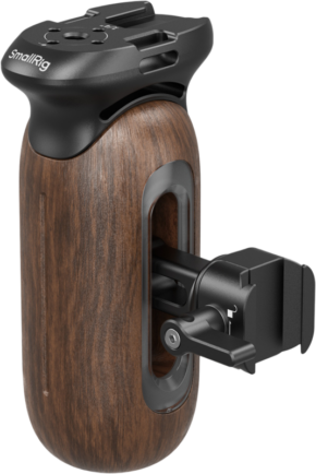 SmallRig 5239 Wooden Side Handle with NATO Clamp on kamerakahva, jossa on musta kiinnityskannatin ja SmallRig-brändi ja joka on suunniteltu kiinnitettäväksi helposti kamerarigiin.