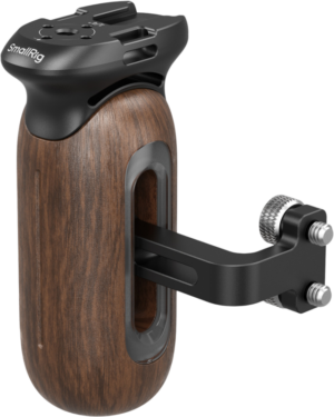 800q-01_133557 The SmallRig 5237 wooden side handle with 1/4"-20 screws includes a comfortable wooden handle, a black metal mounting bracket and adjustment knobs for increased stability and comfort while shooting.