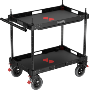 The SmallRig 4573 36" Lightweight Video Production Camera Cart is a black, two-level cart with red accents, side handles and lockable wheels - ideal for transporting equipment on set.