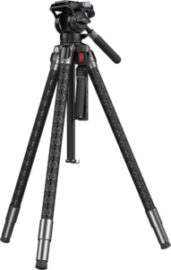 800q-01_133659 SmallRig 5305 x Potato Jet TRIBEX SE Hydraulinen kolmijalka on varustettu mustilla kuusikulmaisilla jaloilla, joissa on hopeiset liitoskoristeet, säädettävä kahva ja asennettu kamerapää.