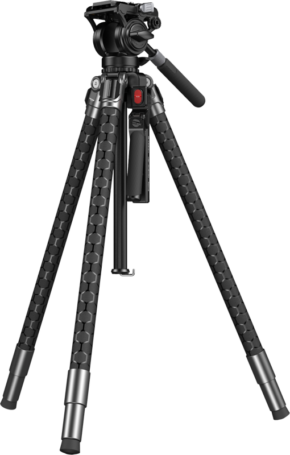 800q-01_133659 SmallRig 5305 x Potato Jet TRIBEX SE Hydraulic tripod is equipped with black hexagonal legs with silver fittings, adjustable handle and mounted camera head.