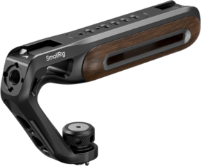 The SmallRig 5252 Wooden Top Handle features a black and brown design with a wooden handle, 1/4''-20 and ARRI 3/8''-16 mounting holes, multiple mounting options and a knurled tension knob for secure attachment to camera equipment or cage.