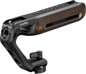 800q-01_133694 SmallRig 5251 Wooden Top Handle with NATO Clamp sisältää mustan ja puupainotteisen ergonomisen otteen, useita kiinnityspisteitä ja turvallisen kiinnikkeen kamerarigille.