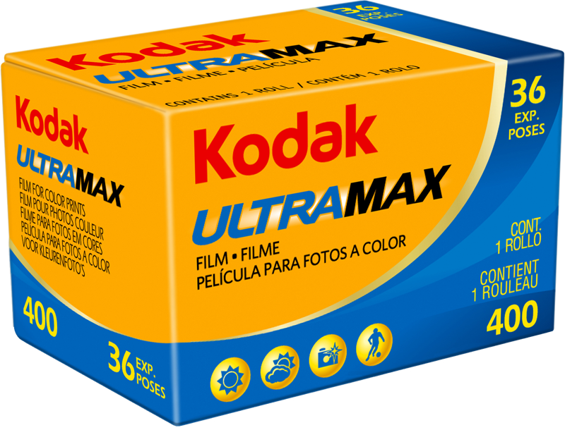 Keltainen ja sininen laatikko Kodak 135 Ultramax 400-36 -väritulostefilmiä, joka sisältää yhden rullan (36 valotusta), sisältää Kodakin logon, kameran kuvakkeet, ISO 400 -merkinnän sekä englannin-, espanjan- ja ranskankielisen tekstin.