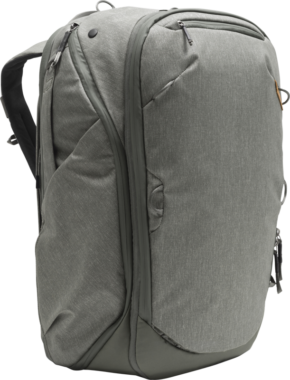 800q-02_123342 The Peak Design Travel Backpack 45L Sage, with multiple zippered compartments, padded shoulder straps and a sleek modern design, is pictured vertically on a white background.