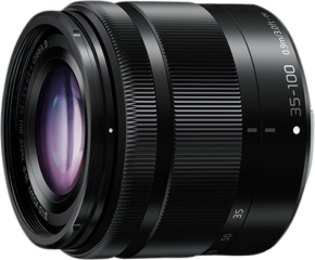800q-02_G-VARIO-35-100MM Panasonic Lens G Vario 35-100mm f/4-5.6 lens, black, with focal length markings (35-100mm) and minimum focusing distance 0.9m/3.0ft, displayed on a white background.