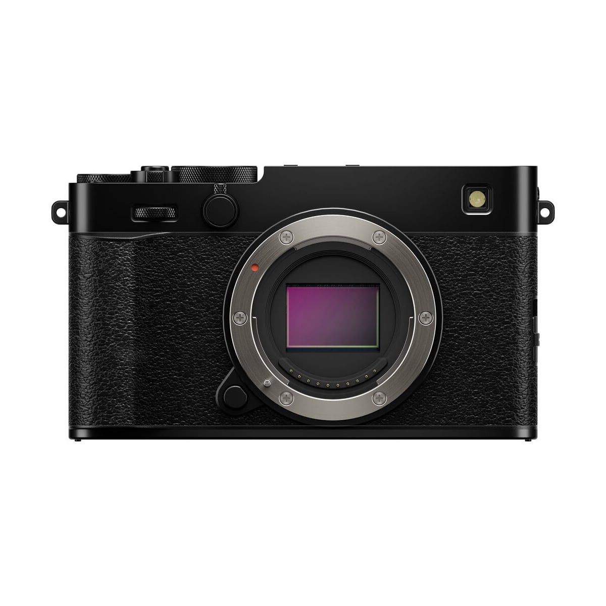 Fujifilm X-E5 -järjestelmäkamera, musta, on musta digitaalinen peilitön kamerarunko ilman objektiivia, jossa on kenno ja kuvioitu kahva valkoisella pohjalla.