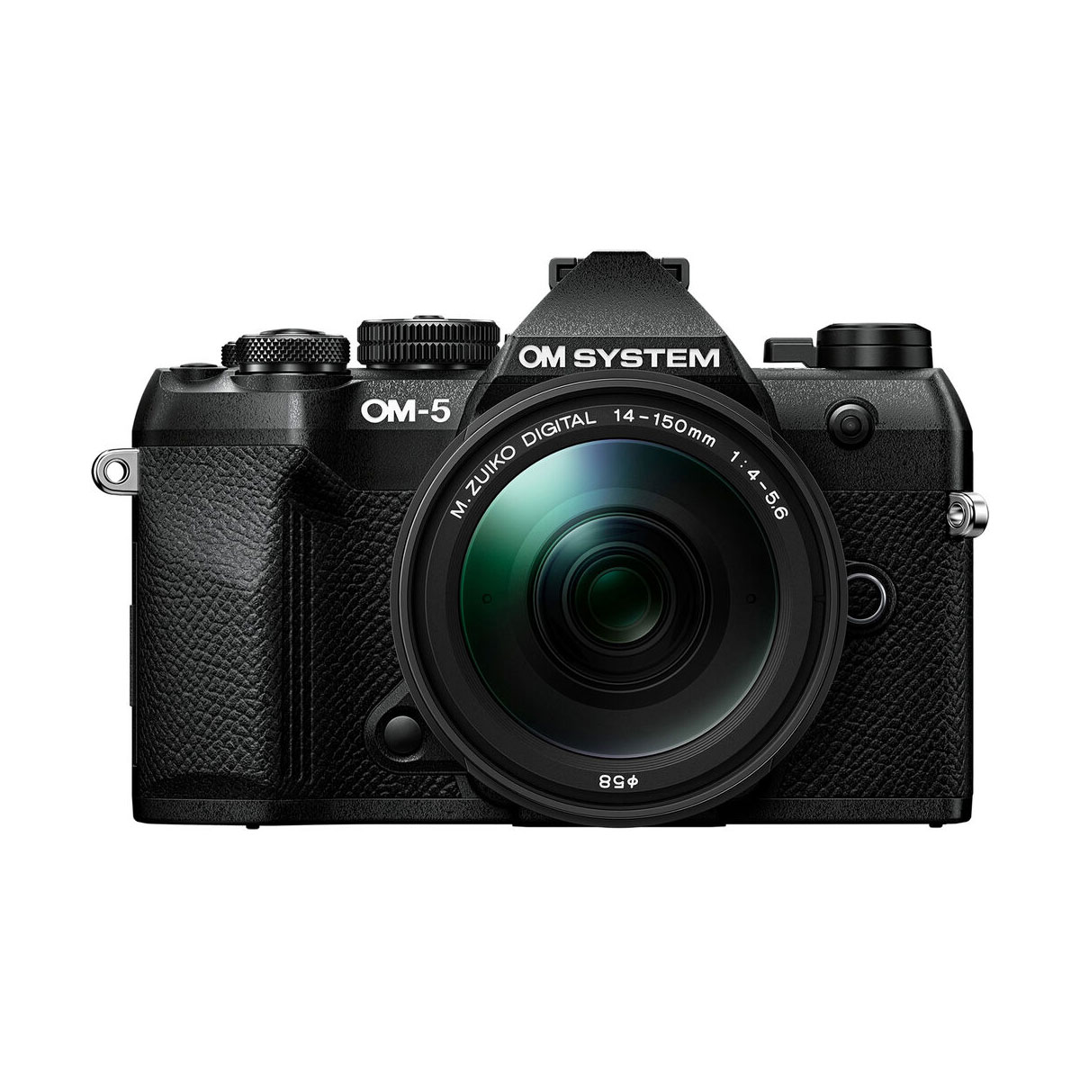 OM SYSTEM OM-5 Mark II + 14-150mm f/4-5.6 II, musta digikamera, edestäpäin valkoisella pohjalla.