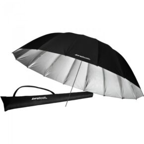 1319802939_322 The Westcott 220 cm Silver Diffusion Parabolic umbrella is open and features a reflective interior and a matching black carry bag with handle, both with the Westcott logo.